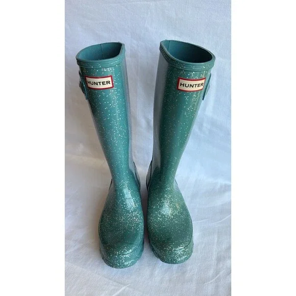 Hunter Tall Glitter Rain Boots Teal Green Waterproof Original Size US 5 - Picture 4 of 9